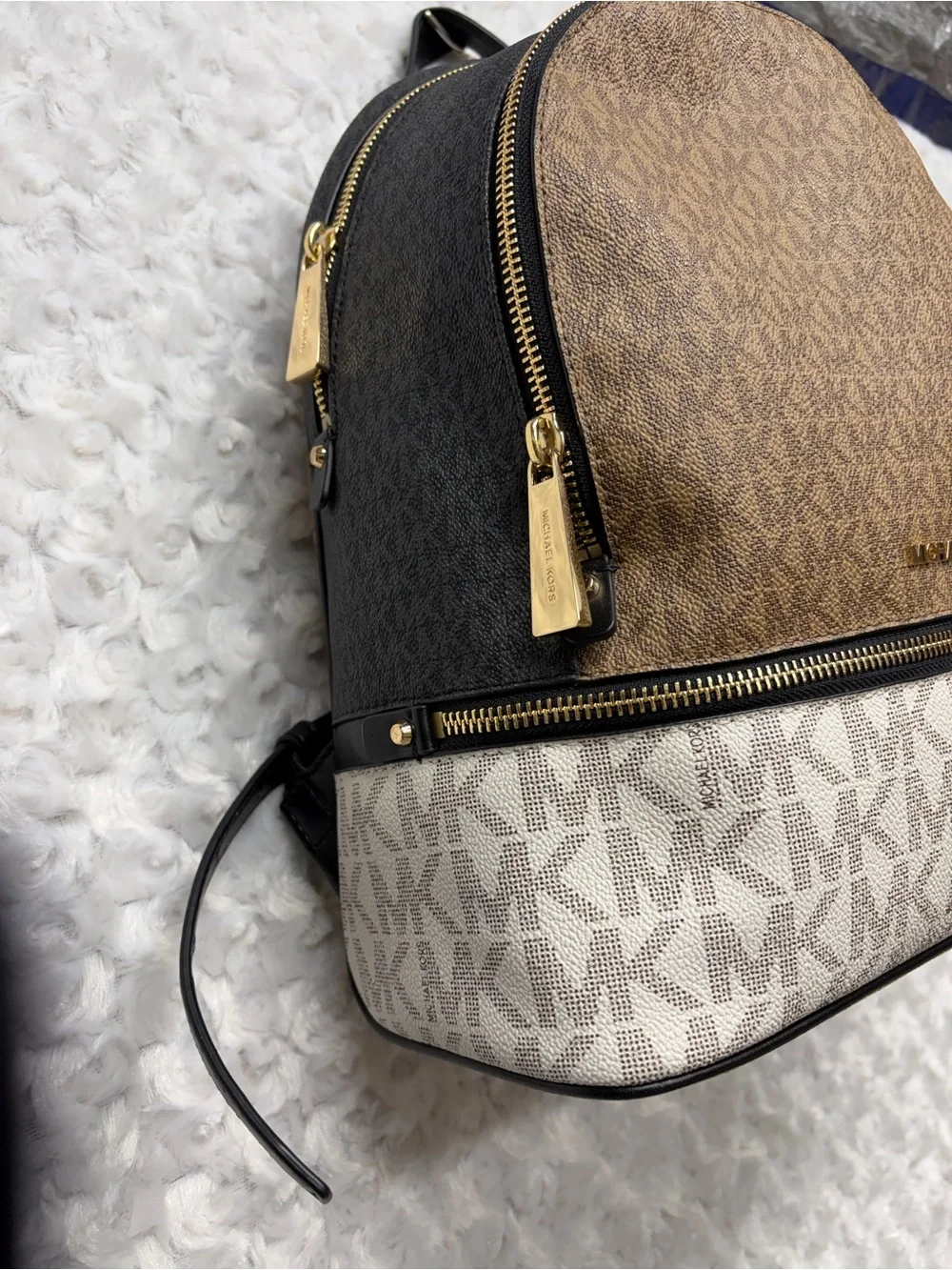 Michael Kors Rhea Browns & White MK Signature mini Dome Backpack